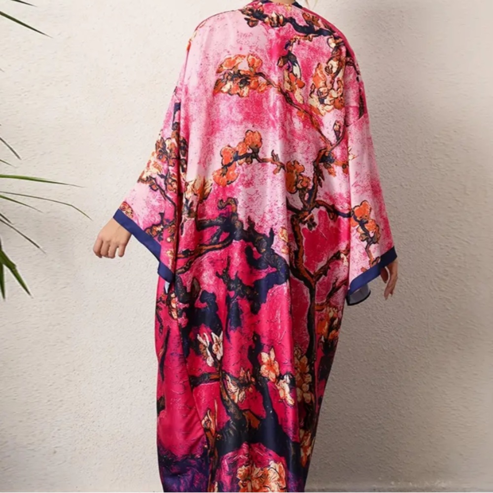 Cherry Blossom Kimono Pink Full Length Vacation Wear Beach Cover Up - Picture 5 of 5